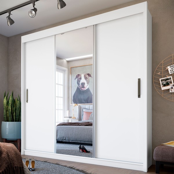 Guarda-Roupa Casal Londres 3 Portas 4 Gavetas com Espelho Branco - Fama Móveis