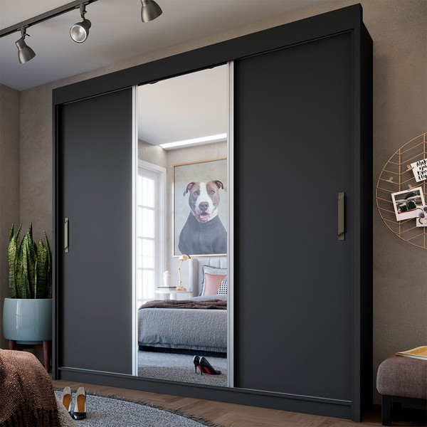 Guarda-Roupa Casal Londres 3 Portas 4 Gavetas com Espelho Preto - Fama Móveis