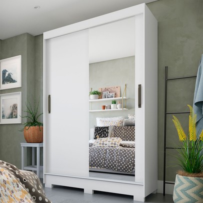 Guarda-Roupa Solteiro Cancun 2 Portas 2 Gavetas com Espelho Branco - Fama Móveis