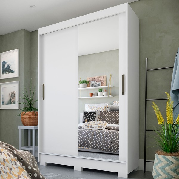 Guarda-Roupa Solteiro Cancun 2 Portas 2 Gavetas com Espelho Branco - Fama Móveis