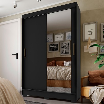 Guarda-Roupa Solteiro Cancun 2 Portas 2 Gavetas com Espelho Preto - Fama Móveis