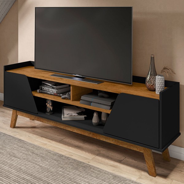 Rack para TV Até 65 Polegadas Turim 2 Portas 1 Prateleira Preto Fosco/Nature - Móveis Bechara