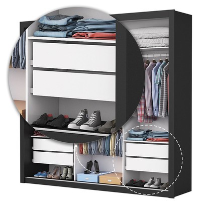 Guarda-Roupa Casal 3 Portas de Correr com Espelho 4 Gavetas Isabela Luxo Preto - Carioca Móveis