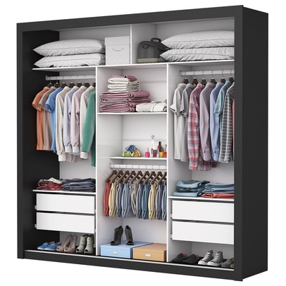 Guarda-Roupa Casal 3 Portas de Correr com Espelho 4 Gavetas Isabela Luxo Preto - Carioca Móveis