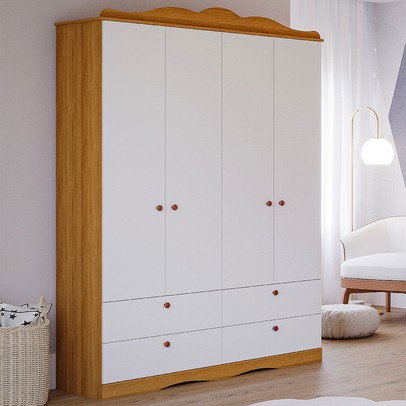 Guarda-Roupa de Bebê Encanto 4 Portas 4 Gavetas 100% Mdf Nature/Branco - Permóbili