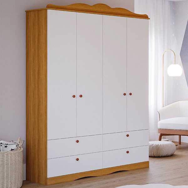 Guarda-Roupa de Bebê Encanto 4 Portas 4 Gavetas 100% Mdf Nature/Branco - Permóbili
