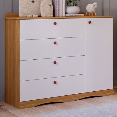 Cômoda de Bebê Encanto 1 Porta 4 Gavetas 100% Mdf Nature/Branco - Permóbili