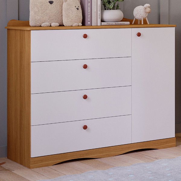 Cômoda de Bebê Encanto 1 Porta 4 Gavetas 100% Mdf Nature/Branco - Permóbili
