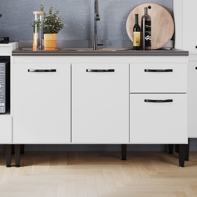 Balcão de Cozinha para Pia 3 Portas 1 Gaveta Branco - Irm Móveis