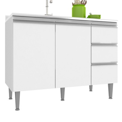 Balcão de Cozinha para Pia Athena 2 Portas 3 Gavetas Branco - Irm Móveis