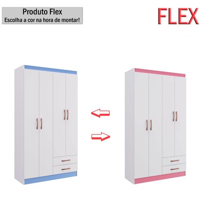 Guarda-Roupa Solteiro Treviso Plus 4 Portas 2 Gavetas Flex Branco/Rosa/Azul - Doripel