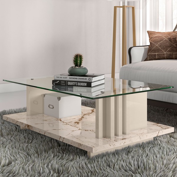 Mesa de Centro Frizz com Vidro Calacata/Off White - Madetec