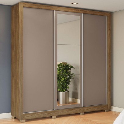 Guarda-Roupa Casal 3 Portas 2 Gavetas com Espelho Nogueira/Fendi Cb1pm570 - Kappesberg