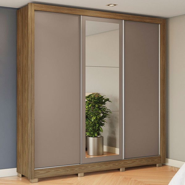 Guarda-Roupa Casal 3 Portas 2 Gavetas com Espelho Nogueira/Fendi Cb1pm570 - Kappesberg