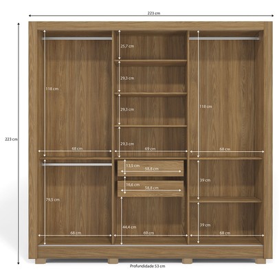 Guarda-Roupa Casal 3 Portas 2 Gavetas com Espelho Nogueira/Fendi Cb1pm570 - Kappesberg