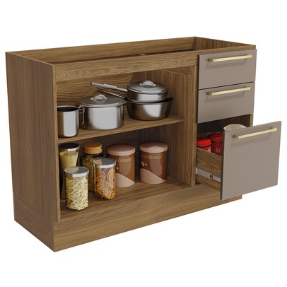 Balcão de Cozinha para Pia 120 Cm 2 Portas 3 Gavetas Nogueira/Fendi Fosco - Kappesberg