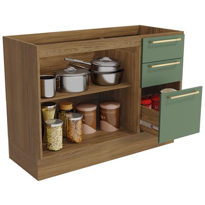 Balcão de Cozinha para Pia 120 Cm 2 Portas 3 Gavetas Nogueira/Verde Oliva - Kappesberg