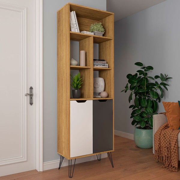 Estante para Livros Estocolmo 2 Portas Carvalho/Grafitte/Branco - Artely Móveis