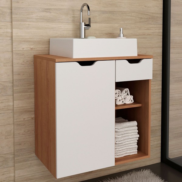 Armário de Banheiro 1 Porta 1 Gaveta Amêndoa/Branco Bn3605 - Tecno Mobili