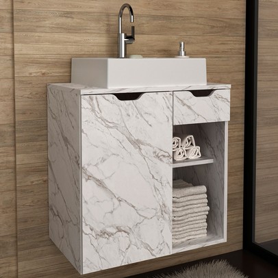 Armário de Banheiro 1 Porta 1 Gaveta Mármore Branco Bn3605 - Tecno Mobili