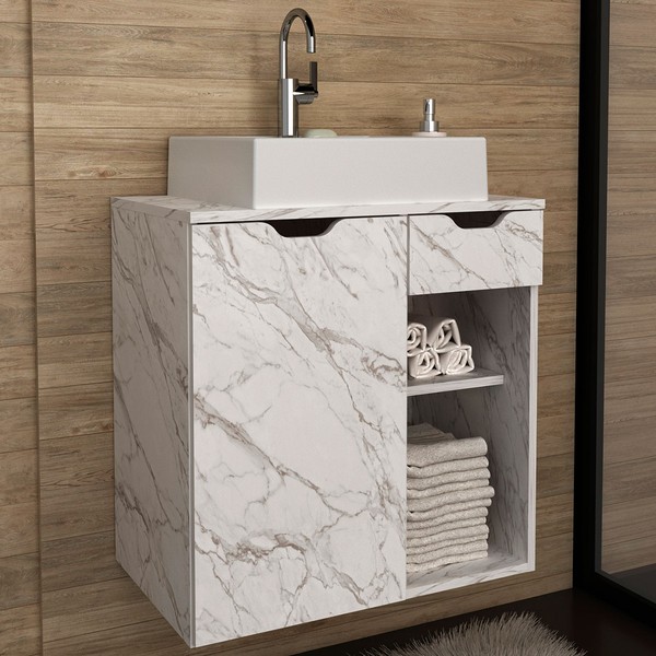 Armário de Banheiro 1 Porta 1 Gaveta Mármore Branco Bn3605 - Tecno Mobili