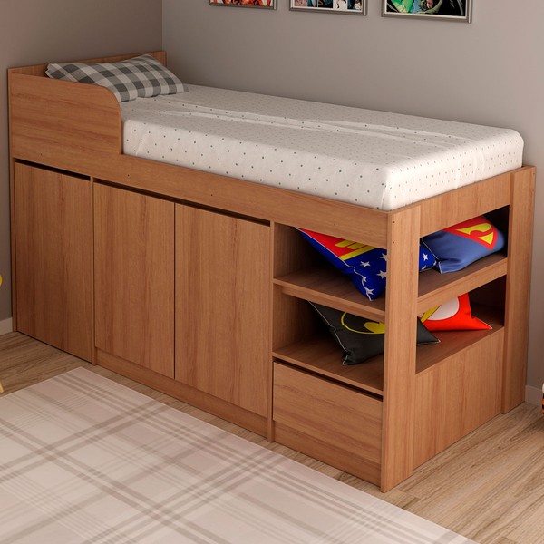 Cama Infantil Multifuncional 2 Portas com Escrivaninha Amêndoa - Tecno Mobili