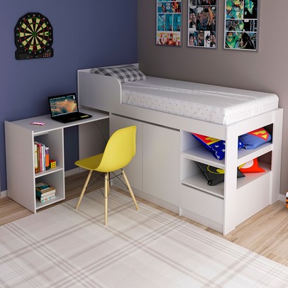 Cama Infantil Multifuncional 2 Portas com Escrivaninha Branco - Tecno Mobili