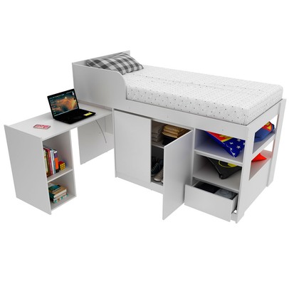 Cama Infantil Multifuncional 2 Portas com Escrivaninha Branco - Tecno Mobili