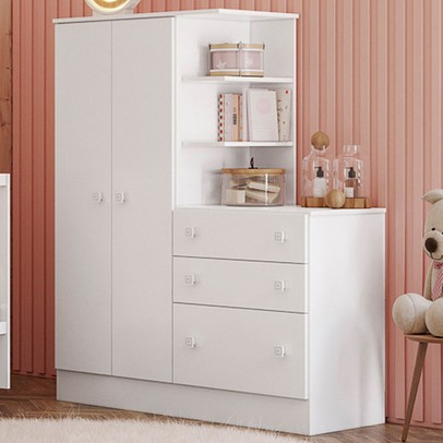 Guarda-Roupa Infantil com Cômoda Doce Sonho 2 Portas 3 Gavetas Branco - Qmovi