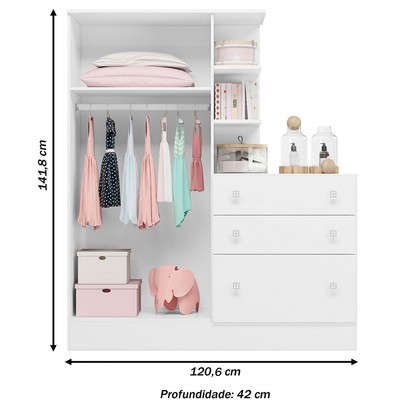 Guarda-Roupa Infantil com Cômoda Doce Sonho 2 Portas 3 Gavetas Branco - Qmovi