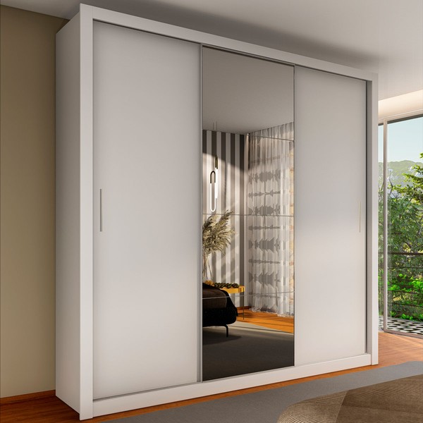 Guarda-Roupa Casal Apolo 3 Portas com Espelho Branco - Pnr Móveis