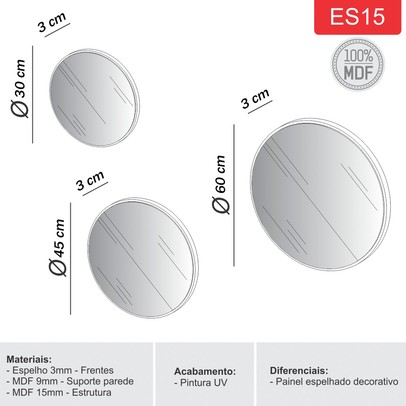 Espelho Kit 3 Peças Redondo 100% Mdf Off White Es15 - Dalla Costa