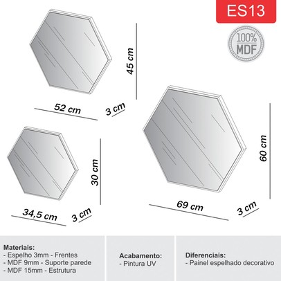 Espelho Kit 3 Peças 100% Mdf Off White Es13 - Dalla Costa