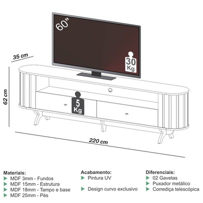 Rack para TV Até 60 Polegadas 2 Gavetas 100% Mdf Freijo/Preto Fosco Tb302 - Dalla Costa