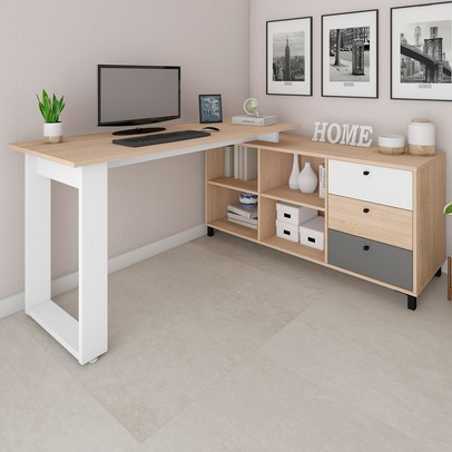 Mesa Escrivaninha Next 3 Gavetas Carvalho/Branco/Grafito - Artany Móveis