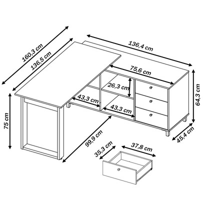 Mesa Escrivaninha Next 3 Gavetas Carvalho/Branco/Grafito - Artany Móveis