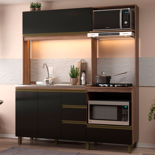 Cozinha Campacta Paola 5 Portas 2 Gavetas Nogueira/Preto - Jcarvalho