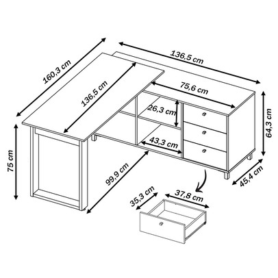 Mesa para Escritório Next 3 Gavetas 2 Prateleiras Ipê/Preto - Artany Móveis
