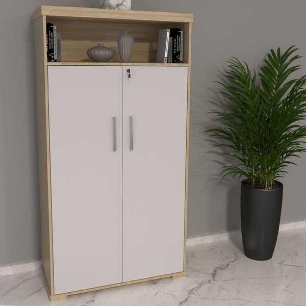 Armário para Escritório Tamburato 2 Portas 2 Prateleiras Carvalho/Branco - Artany Móveis