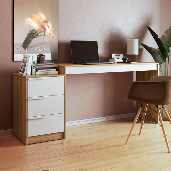Mesa para Escritório 3 Gavetas Lâmina Mel/Branco - Pnr Móveis