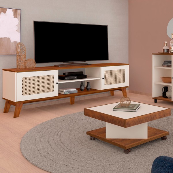 Sala de Estar Completa para TV Até 75 Polegadas Charlotte 2 Portas Pinho/Off White - Pnr Móveis