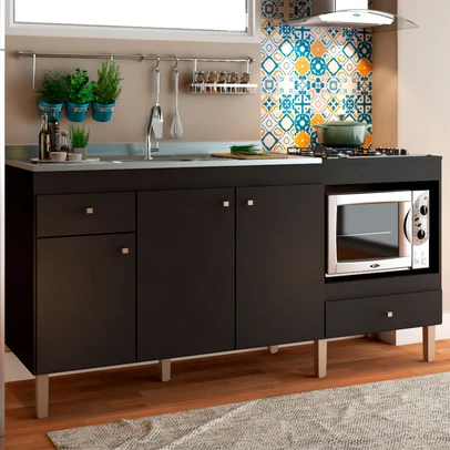 Balcão de Cozinha para Pia 3 Portas 2 Gavetas Espaço para Forno e Cooktop Itália Preto - Panorama Móveis