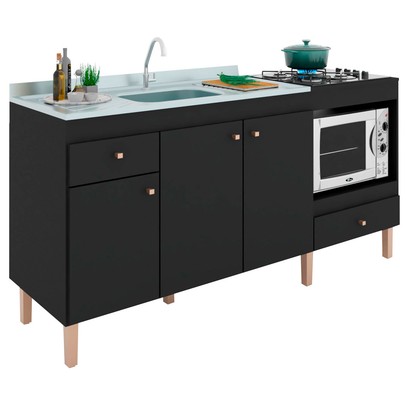Balcão de Cozinha para Pia 3 Portas 2 Gavetas Espaço para Forno e Cooktop Itália Preto - Panorama Móveis