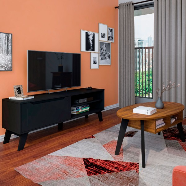 Sala de Estar Completa para TV Até 60 Polegadas Lotus 1 Porta Preto/Pinho - Pnr Móveis