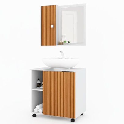 Armário de Banheiro Sultan 2 Portas 6 Prateleiras com Espelho Branco/Marrom - Pnr Móveis