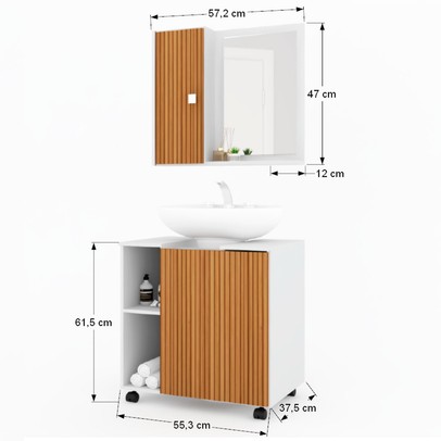 Armário de Banheiro Sultan 2 Portas 6 Prateleiras com Espelho Branco/Marrom - Pnr Móveis