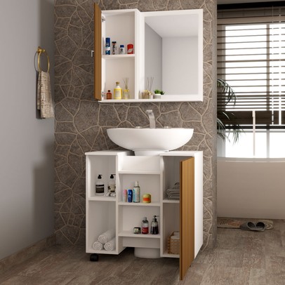 Armário de Banheiro Sultan 2 Portas 6 Prateleiras com Espelho Branco/Marrom - Pnr Móveis