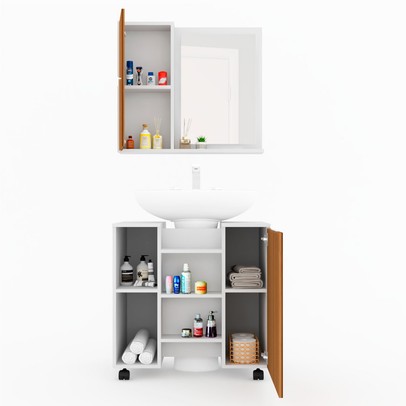 Armário de Banheiro Sultan 2 Portas 6 Prateleiras com Espelho Branco/Marrom - Pnr Móveis