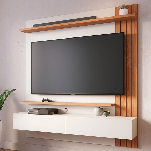 Painel para TV Até 65 Polegadas Juriti 2 Portas 2 Prateleiras Off White Matte/Freijó - Colibri