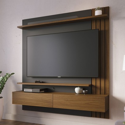 Painel para TV Até 65 Polegadas Juriti 2 Portas 2 Prateleiras Noce Milano/Preto Fosco - Colibri